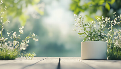 White flowers in a pot on a wooden table outside