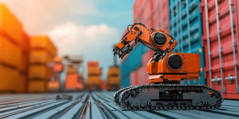Fototapeta premium A robotic arm on a track in a shipping yard, surrounded by colorful containers, showcasing automation in logistics and industry.