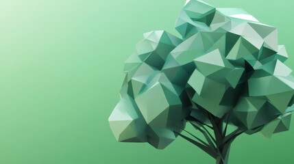 Abstract geometric tree featuring a 3D pattern of green polygon lowpoly triangles and squares, creating a digital illustration with light and shadow elements
