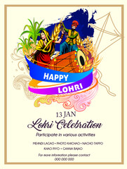 vector illustration of Happy Lohri holiday festival of Punjab India with beautiful background