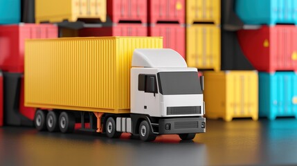 A miniature truck loaded with a yellow shipping container, positioned near colorful stacked containers, symbolizes logistics and transportation.
