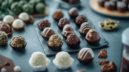 Obraz premium Chocolate truffles and cannabis-infused treats displayed elegantly on a table