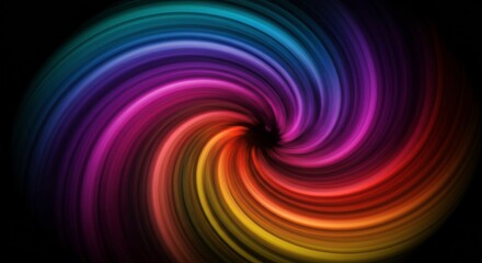 Fototapeta premium Rainbow Swirl: An abstract image featuring a vibrant, multicolored spiral, swirling inwards towards a dark center. The dynamic colors create a hypnotic and captivating visual effect.