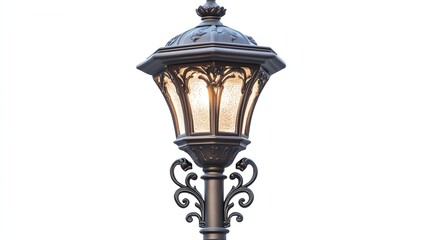 Vintage street lamp with ornate design, illuminated against a white isolated background.