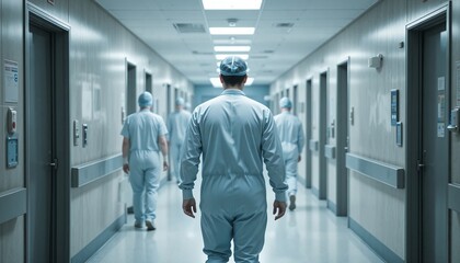 Medical professionals in protective suits walking through a hospital corridor
