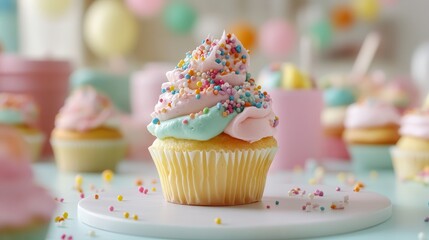 Rainbow-colored cupcakes with sprinkles in a vibrant party setting