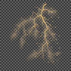 Bright glow of lightning. Realistic effect of bright electric discharge of blue lightning. Yellow lightning effect with sparks on black background. Vector illustration