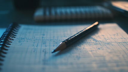 Pen rests on a spiral notebook filled with notes