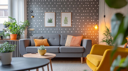 Fototapeta premium Contemporary Living Room with Grey and Yellow Accents, Cozy Lighting, and Indoor Plants