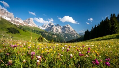 Fototapeta premium Alpine Meadow Wildflowers Mountain Landscape Summer Scenery
