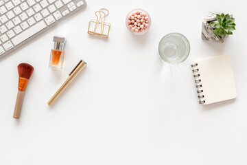 White working office table background with accessories