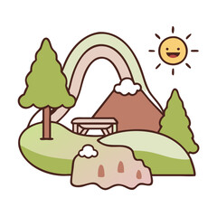 Scenic Mountain Icon with Trees and Sun for Eco-Friendly Designs