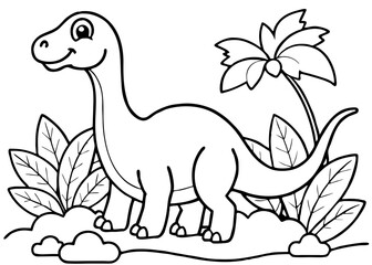 Cute Dinosaur in Nature Coloring Page  for children. Educational Printable for Kids.