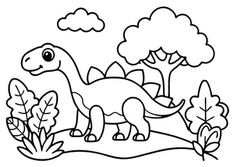 Cute Dinosaur in Nature Coloring Page  for children. Educational Printable for Kids.