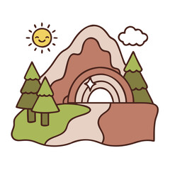 Scenic Mountain Icon with Trees and Sun for Eco-Friendly Designs