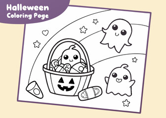 Fun Halloween Coloring Page for Kids - Ghosts, Candy, and Pumpkin Basket.
