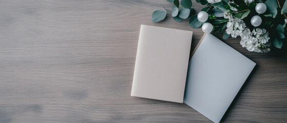 Elegant books on wooden surface with flowers and greenery