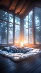 Cozy bedroom with soft bed and large windows in serene forest setting