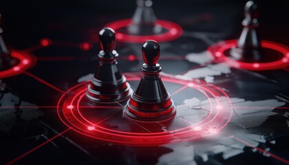 A dark, high-tech chessboard with black pawns highlighted by glowing red circles, symbolizing strategy and digital warfare.