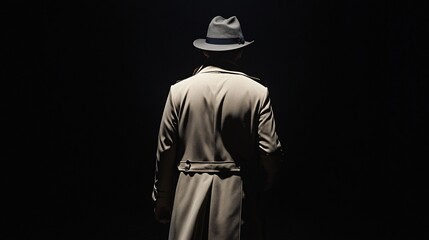 Mysterious Figure in Trench Coat and Fedora Hat Standing in Shadows, Noir Detective Back View Evoking Suspense, Intrigue, and Classic Vintage Style in Dramatic Cinematic Lighting