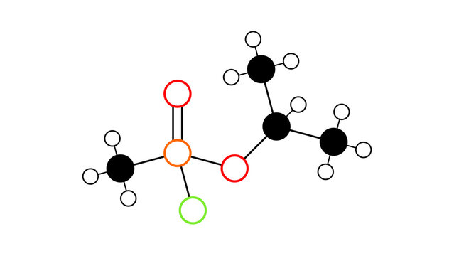 sarin molecule, structural chemical formula, ball-and-stick model, isolated image nerve agent