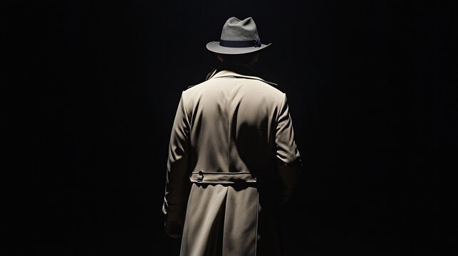 Mysterious Figure in Trench Coat and Fedora Hat Standing in Shadows, Noir Detective Back View Evoking Suspense, Intrigue, and Classic Vintage Style in Dramatic Cinematic Lighting