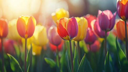 Vibrant Spring Tulips in Bloom Under a Golden Sunset
