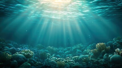 Obraz premium A serene underwater scene with sunlight filtering through the water, illuminating vibrant corals and marine life.