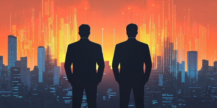 Business visionaries standing in silhouette against vibrant city skyline, surrounded by data visualizations and glowing lights, embodying innovation and progress