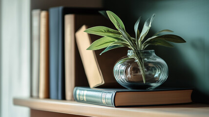 A decorative glass pot with Aureum, placed next to a stack of books on a shelf, creating a sophisticated and elegant vibe