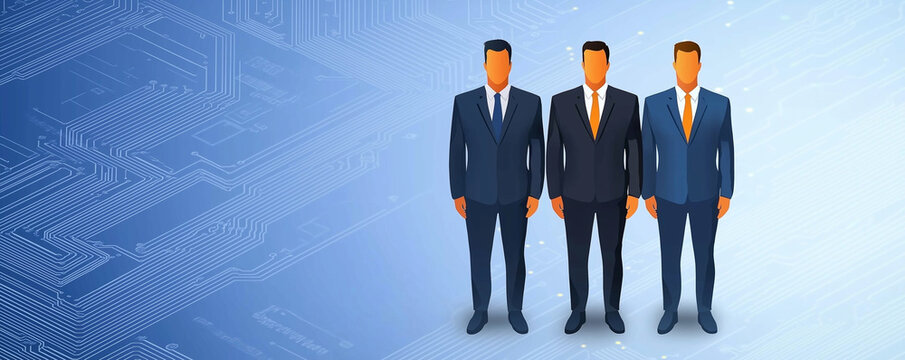 Digital entrepreneurs in suits standing together, representing teamwork and innovation in business. background features circuit board design, symbolizing technology and progress