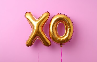 Gold foil balloon in the shape of "XO" on a pastel purple background, top view. Minimal concept for Valentine's Day and party decoration.