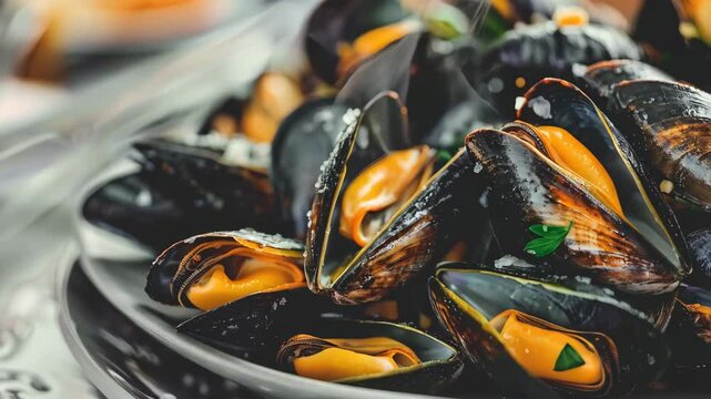 close up of tasty mussels in the plate