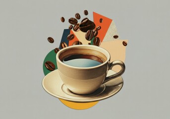 Coffee cup with geometric background and floating beans. Mixed media collage for cafe branding and modern decor themes