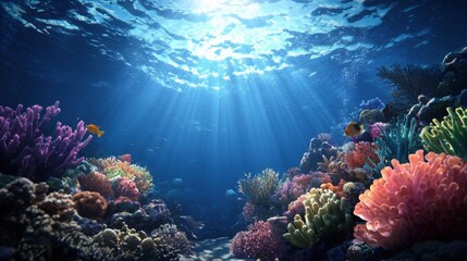 Naklejka premium A vibrant underwater scene showcasing colorful corals illuminated by sunlight filtering through the water surface, creating a serene marine environment.
