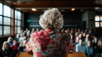An elderly woman addresses a large audience, highlighting her role as a thought leader with a passion for sharing knowledge and fostering meaningful conversations.