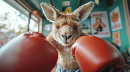 A cute kangaroo wearing red boxing gloves showcases an adorable and humorous take on sports, capturing attention in a lively indoor setting with a playful demeanor.