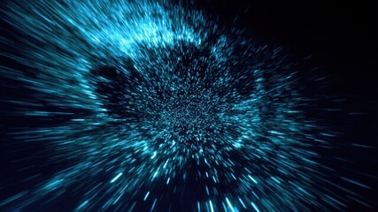 Fototapeta premium Abstract blue light particle explosion on dark background. Perfect for advertising, technology, science projects, and digital art. Represents dynamics, progress, and innovation