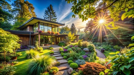Obraz premium Panoramic View: Sustainable Eco-Friendly Home, Lush Garden, Natural Harmony
