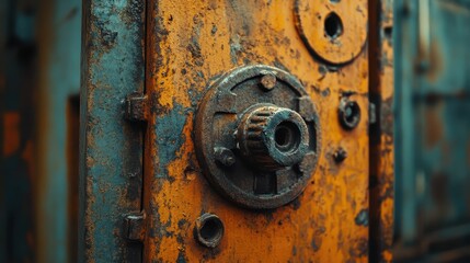 Close-up of a Rusty Industrial Metal Door with Gears and Textures in an Abandoned Factory Setting