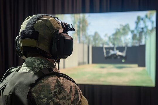 Soldier engages with virtual reality training system in military simulation environment