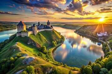 Panoramic View: Ukrainian Castle Overlooking Lake and River