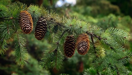 close up of coniferous tree branches with focus on seed cones surrounded by green needles various shades of brown cones suggest different stages of growth or maturity overlapping branches create d