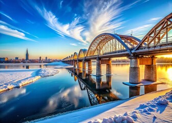 Fototapeta premium Panoramic Winter View of Communal Bridge Spanning the Ob River in Novosibirsk, Siberia
