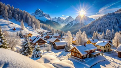 Panoramic Winter Wonderland: Snowy Village in Picturesque Mountain Valley