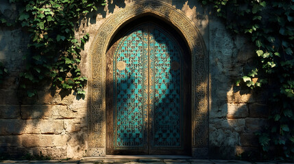 Ornate Doorway Framed by Ivy Vines with Elegant Architectural Details