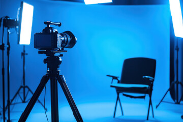 Photography studio setup with professional camera and chair in blue lighting