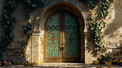 Fototapeta premium Ornate Doorway Framed by Ivy Vines with Elegant Architectural Details