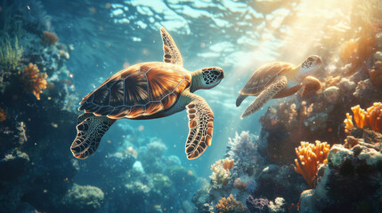 Majestic sea turtles gliding through vibrant coral reef, showcasing beauty of marine life. underwater scene is illuminated by sunlight, creating serene atmosphere