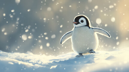cute penguin chick waddling on soft snow, surrounded by falling snowflakes, creates heartwarming winter scene. soft light enhances adorable charm of this little bird